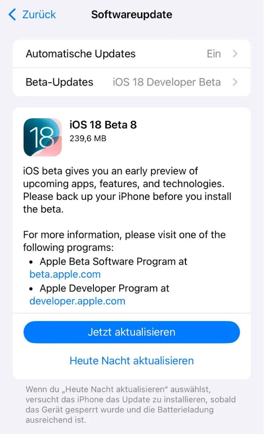 盂县苹果手机维修分享苹果 iOS / iPadOS 18 开发者预览版 Beta 8 发布 